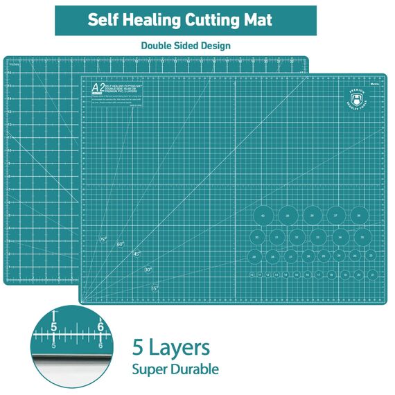 Rollschneider Set Türkis - 45mm Rollschneider Stoffschneider Set inkl. A2 Schneidematte, Rollschneider, Ersatzklingen, Patchwork-Lineal, Stoffklammern, Scheren ideal zum Basteln, Nähen, Patchworken