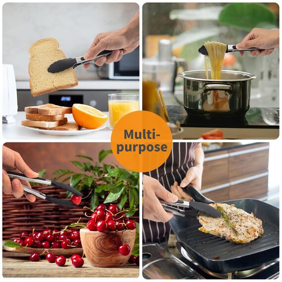 WISYOK 18cm Grillzange Hitzebeständige, Küchenzange, Zange Küche, Kochzange mit Edelstahl und Silikonspitze, Silikonzangen, Tongs Kitchen, Fleischzange, Nudelzange zum Kochen, Grillen (Schwarz)