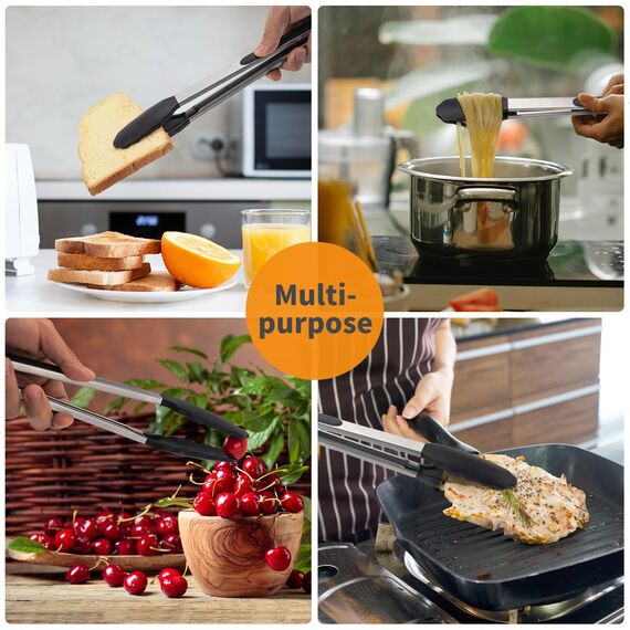 WISYOK 30cm Küchenzangen, Grillzange Hitzebeständige, Zange Küche, Kochzange mit Edelstahl und Silikonspitze, Silikonzangen, Tongs Kitchen, Fleischzange, Nudelzange zum Kochen, Grillen (Schwarz)