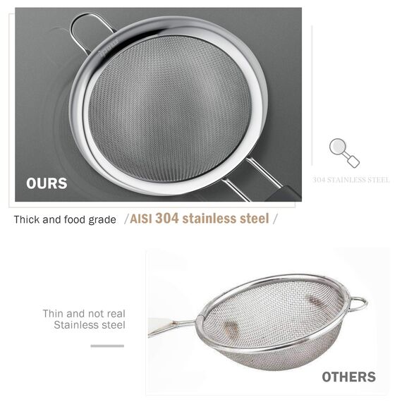 ipow Sieb küchensieb aus Edelstahl, Premium Feines feinsieb kochsieb mit bequemen rutschfesten verdickten schwarzen Silikon Griffen - Set 7/12 / 18cm