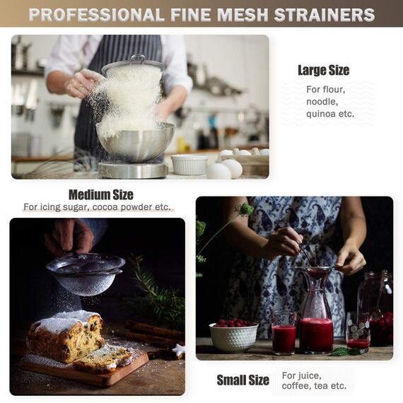 ipow Sieb küchensieb aus Edelstahl, Premium Feines feinsieb kochsieb mit bequemen rutschfesten verdickten schwarzen Silikon Griffen - Set 7/12 / 18cm