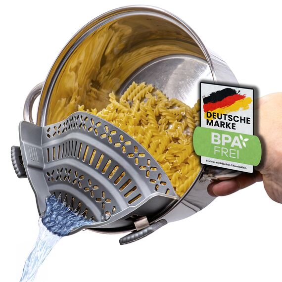 Netrox – Schnappsieb aus Silikon – Nudelsieb Aufsatz zum Einhängen in Topf & Pfanne – BPA-frei, spülmaschinenfestes Küchensieb Sieb – Abtropfsieb als Abgießhilfe für Töpfe Topfsieb - grau groß