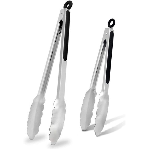 iNeibo Grillzange Edelstahl Hochwertige Küchenzange Mit Hitzebeständigem Silikongriff Und Sicherm Verschlusssystem 2er Set Zange Küche (23cm/31cm)