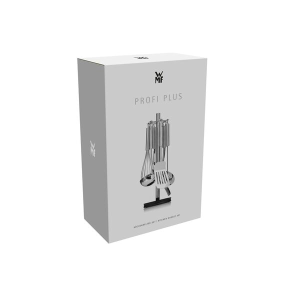 WMF Profi Plus Küchenhelfer Set Edelstahl 7-teilig, Küchenbesteck, Ständer mit 6 Helfern, Schöpflöffel, Schaumlöffel, Wokwender, Wender, Schneebesen, Gemüseschäler, Cromargan Edelstahl, spülmaschinengeeignet