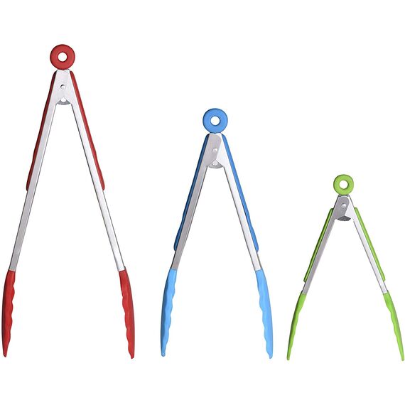 iNeibo Grillzange Küchenzange aus Edelstahl und lebensmittelechtem Silikon. 3er Set Mehrfarbig