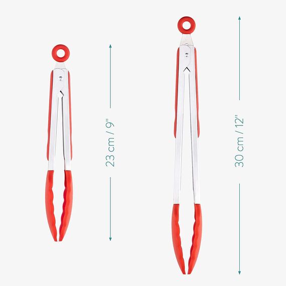 iNeibo Grillzange Küchenzange Zange Küche aus Rostfreim Edelstahl und Silikon Fleischzange Kochzange mit Hitzebeständigem Silikongriff 2er Set 30cm und 23cm Rot