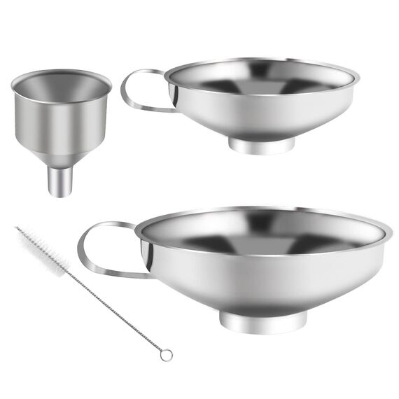 4 Stück Trichter Edelstahl Set, Marmeladentrichter, Einmachtrichter aus Edelstahl, Einfülltrichter mit Griff, zum Umfüllen von Gewürzen, Flüssigkeiten, Pulver, Bohnen, Konfitüre (3 Größen, 1 Bürste)