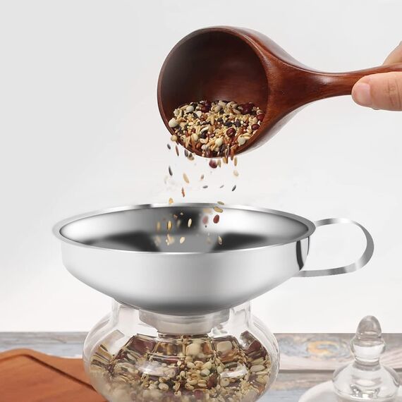 4 Stück Trichter Edelstahl Set, Marmeladentrichter, Einmachtrichter aus Edelstahl, Einfülltrichter mit Griff, zum Umfüllen von Gewürzen, Flüssigkeiten, Pulver, Bohnen, Konfitüre (3 Größen, 1 Bürste)