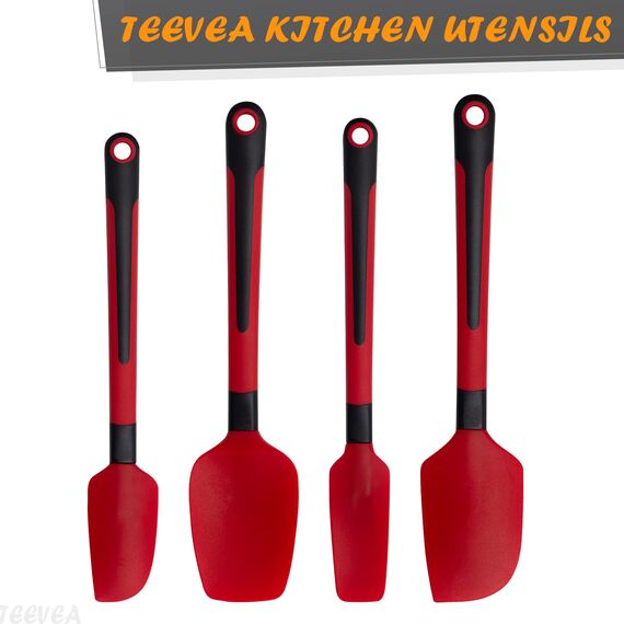 TEEVEA Silikon-Spatel zum Kochen, Backen, Mischen, hitzebeständig, antihaftbeschichtet, spülmaschinenfest, BPA-frei, Küchenutensilien, 4er-Set, Rot und Schwarz