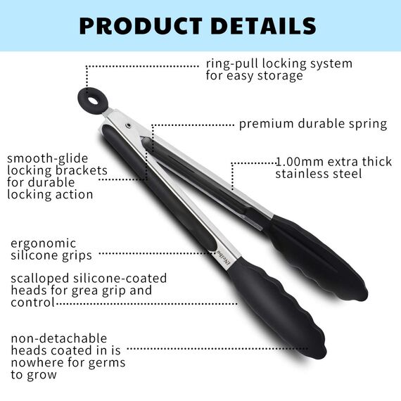 iNeibo Grillzange Küchenzange Zange Küche aus Rostfreim Edelstahl und Silikon Fleischzange Kochzange mit Hitzebeständigem Silikongriff 23cm Schwarz