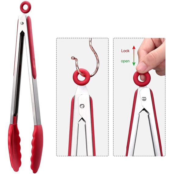 iNeibo Grillzange Küchenzange Zange Küche aus Rostfreim Edelstahl und Silikon Fleischzange Kochzange mit Hitzebeständigem Silikongriff 2er Set 30cm und 23cm Rot