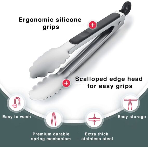 iNeibo Grillzange Edelstahl Hochwertige Küchenzange Mit Hitzebeständigem Silikongriff Und Sicherm Verschlusssystem 2er Set Zange Küche (23cm/31cm)