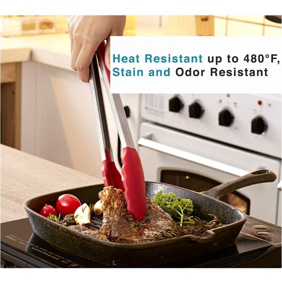 iNeibo Grillzange Küchenzange Zange Küche aus Rostfreim Edelstahl und Silikon Fleischzange Kochzange mit Hitzebeständigem Silikongriff 2er Set 30cm und 23cm Rot