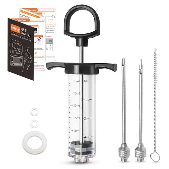 DePango Fleischspritze, Bruchfest Marinadenspritze Fleischinjektor 30ml für Fleisch mit 2 Edelstahl-Fleischnadeln, Fleisch injektionsspritze für BBQ Smoker, Steak, Schweinefleisch und Huhn
