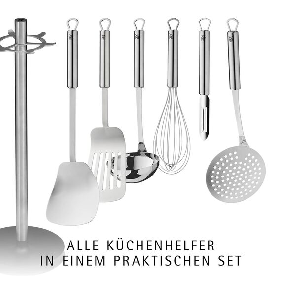WMF Profi Plus Küchenhelfer Set Edelstahl 7-teilig, Küchenbesteck, Ständer mit 6 Helfern, Schöpflöffel, Schaumlöffel, Wokwender, Wender, Schneebesen, Gemüseschäler, Cromargan Edelstahl, spülmaschinengeeignet
