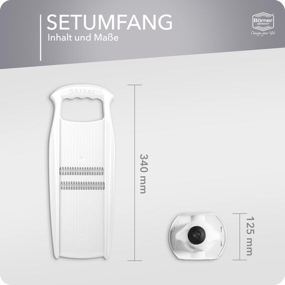 Börner Roko PowerLine Gemüseschneider Set mit Fruchthalter (2-tlg.) • Feiner Streifenschneider für Obst & Gemüse + Gemüsehalter • Julienne Schneider • Gemüsehobel Set • Farbe: Weiß