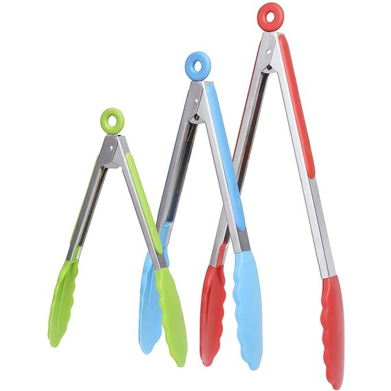 iNeibo Grillzange Küchenzange aus Edelstahl und lebensmittelechtem Silikon. 3er Set Mehrfarbig