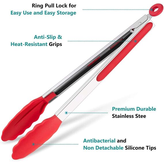iNeibo Grillzange Küchenzange Zange Küche aus Rostfreim Edelstahl und Silikon Fleischzange Kochzange mit Hitzebeständigem Silikongriff 2er Set 30cm und 23cm Rot