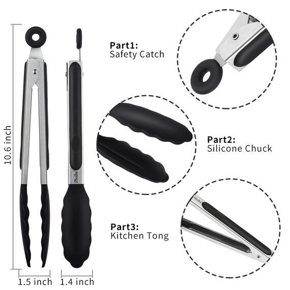 iNeibo Grillzange Küchenzange Zange Küche aus Rostfreim Edelstahl und Silikon Fleischzange Kochzange mit Hitzebeständigem Silikongriff 23cm Schwarz