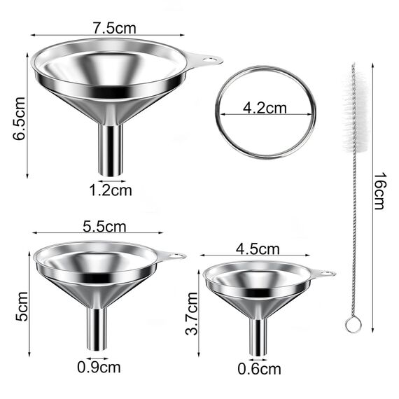 AOKITO 3 Stück Trichter Edelstahl (7.5cm/5.5cm/4.5cm), Trichter Küche, Metall Einfülltrichter, für die Übertragung von Flüssigen Zutaten, Trockenen Zutaten und Pulver, Zubehör mit 2 Reinigungsbürste