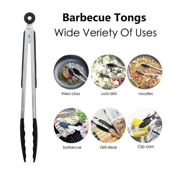 iNeibo Grillzange Küchenzange Zange Küche aus Rostfreim Edelstahl und Silikon Fleischzange Kochzange mit Hitzebeständigem Silikongriff 23cm Schwarz