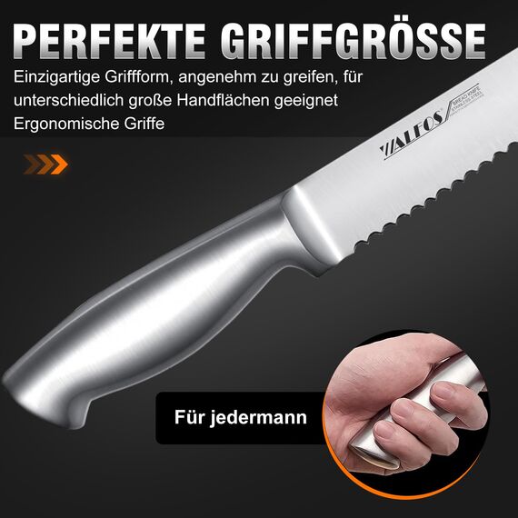 Walfos Brotmesser, Edelstahl-Brotmesser mit Wellenschliff, Ultrascharf, Einteiliges Design, Ergonomischer Griff und 8-Zoll-Klinge, ideal zum Schneiden von Brot, Bagels, Kuchen