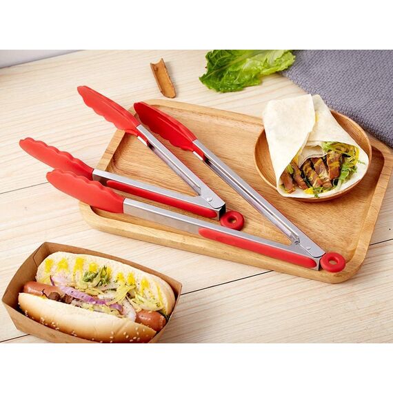 iNeibo Grillzange Küchenzange Zange Küche aus Rostfreim Edelstahl und Silikon Fleischzange Kochzange mit Hitzebeständigem Silikongriff 2er Set 30cm und 23cm Rot