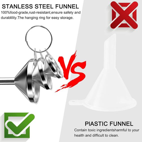 AOKITO 3 Stück Trichter Edelstahl (7.5cm/5.5cm/4.5cm), Trichter Küche, Metall Einfülltrichter, für die Übertragung von Flüssigen Zutaten, Trockenen Zutaten und Pulver, Zubehör mit 2 Reinigungsbürste