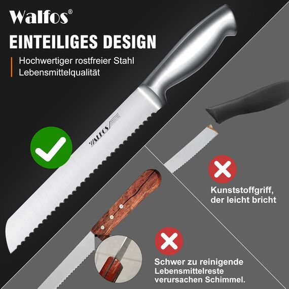 Walfos Brotmesser, Edelstahl-Brotmesser mit Wellenschliff, Ultrascharf, Einteiliges Design, Ergonomischer Griff und 8-Zoll-Klinge, ideal zum Schneiden von Brot, Bagels, Kuchen