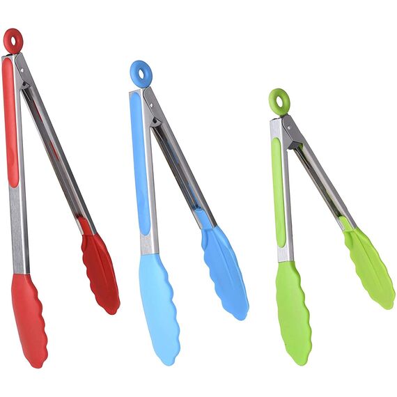 iNeibo Grillzange Küchenzange aus Edelstahl und lebensmittelechtem Silikon. 3er Set Mehrfarbig