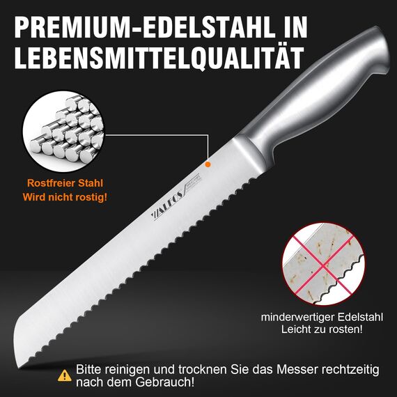 Walfos Brotmesser, Edelstahl-Brotmesser mit Wellenschliff, Ultrascharf, Einteiliges Design, Ergonomischer Griff und 8-Zoll-Klinge, ideal zum Schneiden von Brot, Bagels, Kuchen