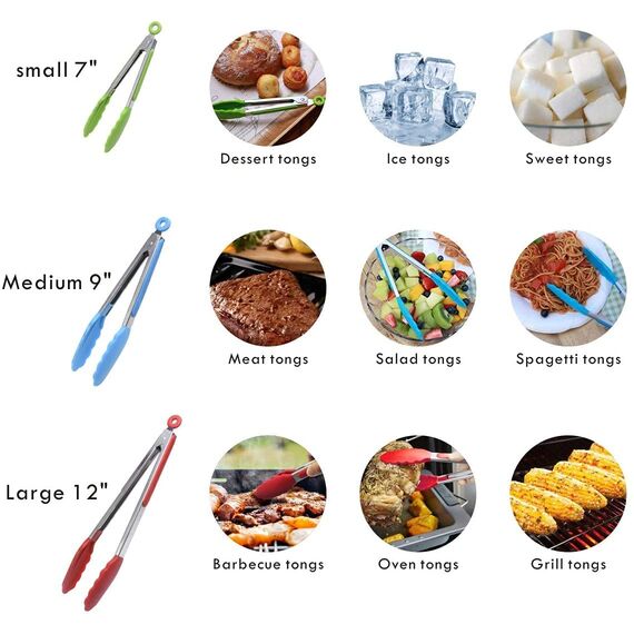 iNeibo Grillzange Küchenzange aus Edelstahl und lebensmittelechtem Silikon. 3er Set Mehrfarbig