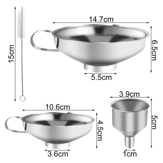 4 Stück Trichter Edelstahl Set, Marmeladentrichter, Einmachtrichter aus Edelstahl, Einfülltrichter mit Griff, zum Umfüllen von Gewürzen, Flüssigkeiten, Pulver, Bohnen, Konfitüre (3 Größen, 1 Bürste)