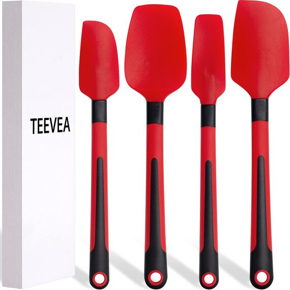 TEEVEA Silikon-Spatel zum Kochen, Backen, Mischen, hitzebeständig, antihaftbeschichtet, spülmaschinenfest, BPA-frei, Küchenutensilien, 4er-Set, Rot und Schwarz