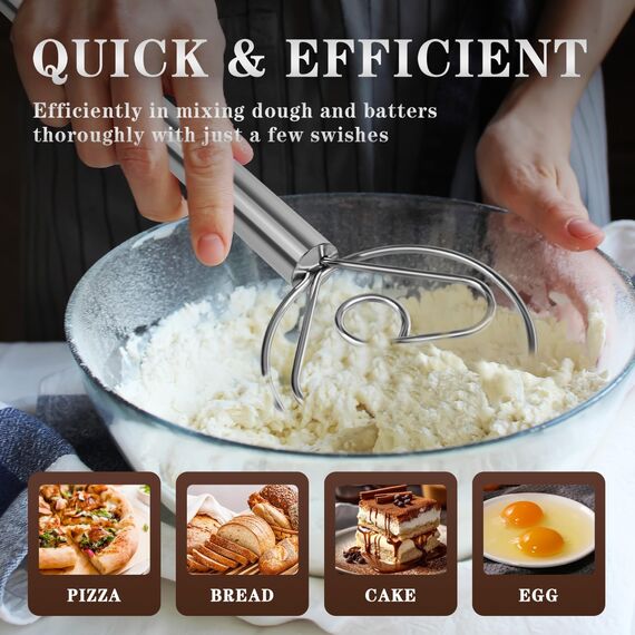 TEEVEA Dänischer Teigbesen mit Edelstahlhaken, Brotmixer im niederländischen Stil, für Sauerteig-Backwerkzeuge