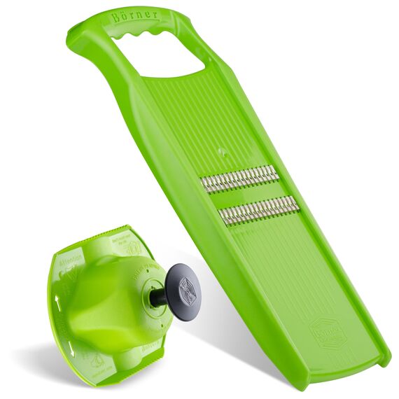 Börner Roko PowerLine Gemüseschneider Set mit Fruchthalter (2-tlg.) • Feiner Streifenschneider für Obst & Gemüse + Gemüsehalter • Julienne Schneider • Gemüsehobel Set • Farbe: Grün