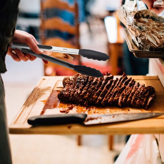 iNeibo Grillzange Küchenzange Zange Küche aus Rostfreim Edelstahl und Silikon Fleischzange Kochzange mit Hitzebeständigem Silikongriff 23cm Schwarz