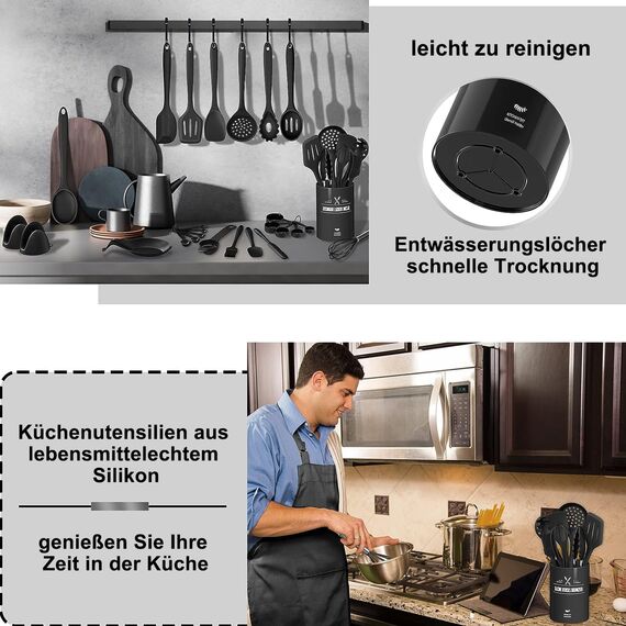Küchenhelfer Set, 43-teiliges Silikon Kochutensilien Kochbesteck Set, Hitzebeständiger Kochgeschirr mit Utensilienhalter, Antihaft Kochset Küchenutensilien, Spülmaschinenfest - Schwar