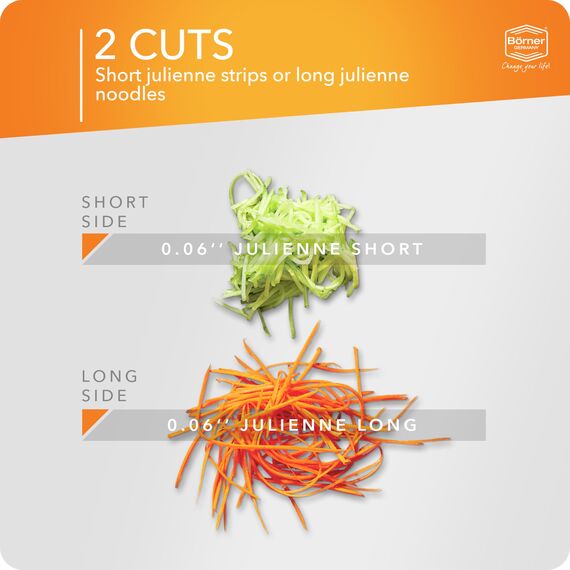 Börner Roko PowerLine Gemüseschneider Set mit Fruchthalter (2-tlg.) • Feiner Streifenschneider für Obst & Gemüse + Gemüsehalter • Julienne Schneider • Gemüsehobel Set • Farbe: Orange