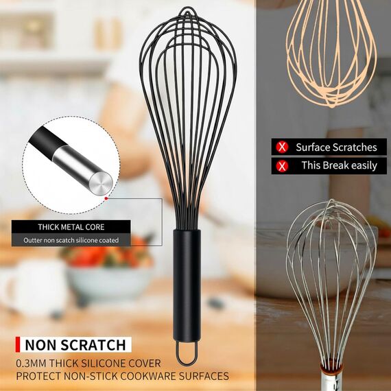 TEEVEA Silikon-Schneebesen, 3er-Set, kratzfest, antihaftbeschichtet, silikonbeschichtet, Edelstahldraht, hitzebeständig, 250 °C, Küchenhelfer zum Kochen, Mischen, Schneebesen, Werkzeug, Schwarz