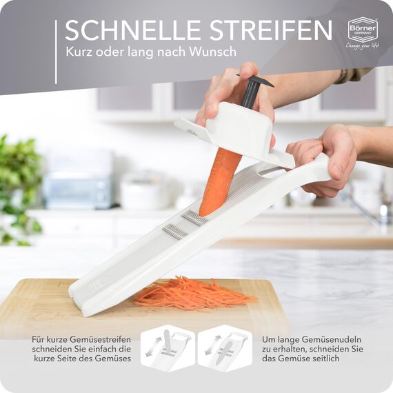 Börner Roko PowerLine Gemüseschneider Set mit Fruchthalter (2-tlg.) • Feiner Streifenschneider für Obst & Gemüse + Gemüsehalter • Julienne Schneider • Gemüsehobel Set • Farbe: Weiß