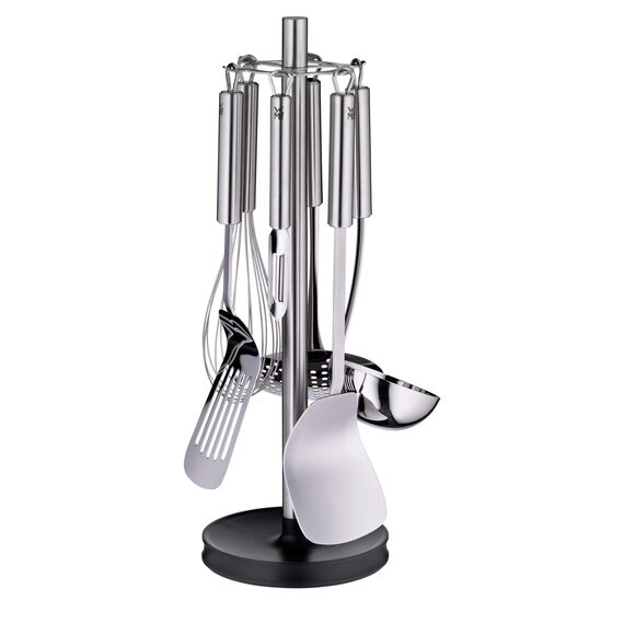 WMF Profi Plus Küchenhelfer Set Edelstahl 7-teilig, Küchenbesteck, Ständer mit 6 Helfern, Schöpflöffel, Schaumlöffel, Wokwender, Wender, Schneebesen, Gemüseschäler, Cromargan Edelstahl, spülmaschinengeeignet