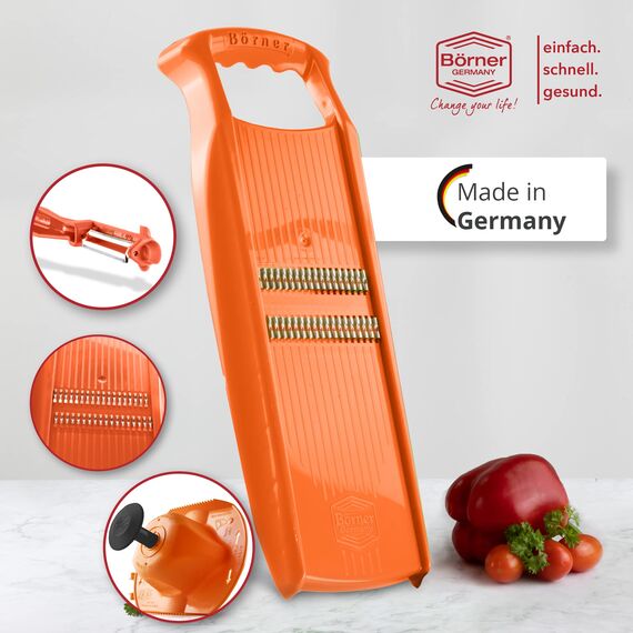 Börner Roko PowerLine Gemüseschneider Geschenk-Set (3-tlg.) • Feiner Streifenschneider für Obst & Gemüse + Fruchthalter + Kombischäler • Gemüsehobel • Küchenhobel Set • Farbe: Orange