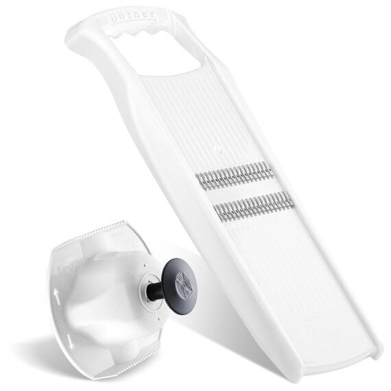 Börner Roko PowerLine Gemüseschneider Set mit Fruchthalter (2-tlg.) • Feiner Streifenschneider für Obst & Gemüse + Gemüsehalter • Julienne Schneider • Gemüsehobel Set • Farbe: Weiß