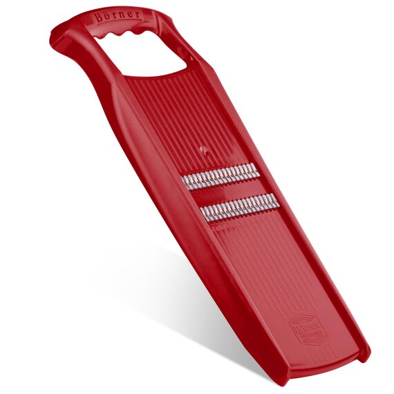 Börner Roko PowerLine Gemüseschneider • Streifenschneider für Obst & Gemüse • Julienne Schneider für feine Streifen • Gemüsehobel fein • Küchenhobel • Reibe (Rot)