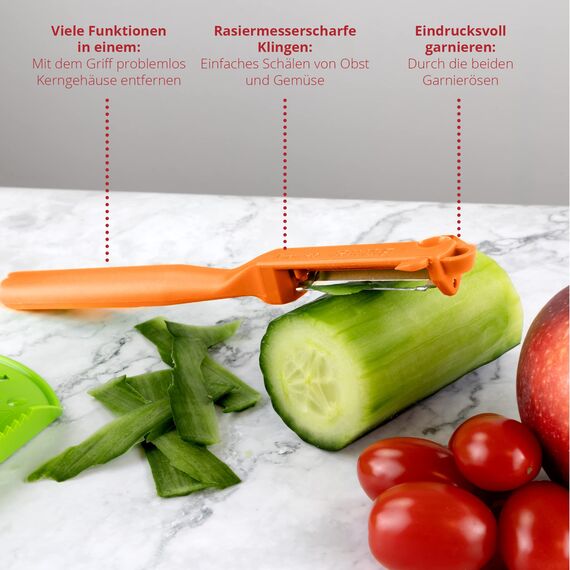 Börner Roko PowerLine Gemüseschneider Geschenk-Set (3-tlg.) • Feiner Streifenschneider für Obst & Gemüse + Fruchthalter + Kombischäler • Gemüsehobel • Küchenhobel Set • Farbe: Orange