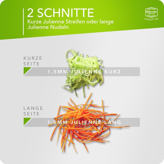 Börner Roko PowerLine Gemüseschneider • Streifenschneider für Obst & Gemüse • Julienne Schneider für feine Streifen • Gemüsehobel fein • Küchenhobel • Reibe (Grün)
