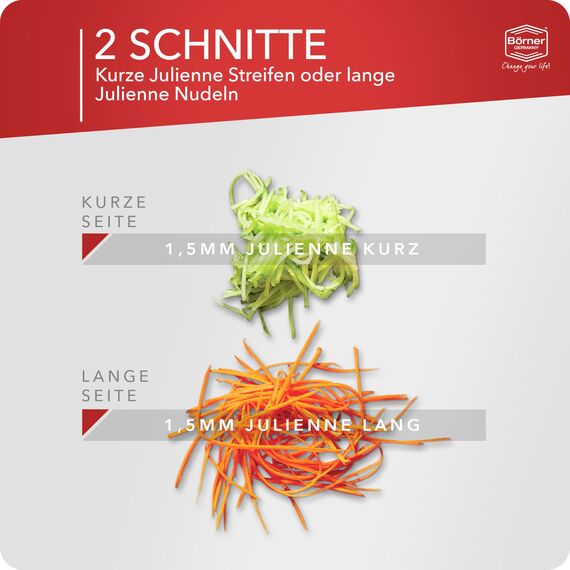 Börner Roko PowerLine Gemüseschneider • Streifenschneider für Obst & Gemüse • Julienne Schneider für feine Streifen • Gemüsehobel fein • Küchenhobel • Reibe (Rot)