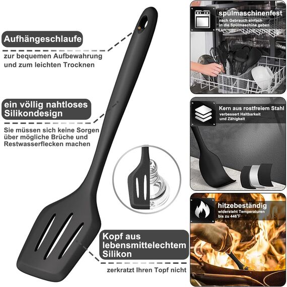 Küchenhelfer Set, 43-teiliges Silikon Kochutensilien Kochbesteck Set, Hitzebeständiger Kochgeschirr mit Utensilienhalter, Antihaft Kochset Küchenutensilien, Spülmaschinenfest - Schwar
