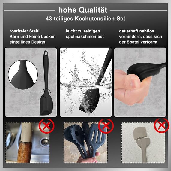Küchenhelfer Set, 43-teiliges Silikon Kochutensilien Kochbesteck Set, Hitzebeständiger Kochgeschirr mit Utensilienhalter, Antihaft Kochset Küchenutensilien, Spülmaschinenfest - Schwar